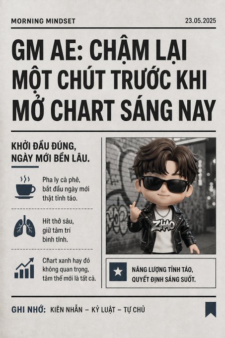 A Vietnamese "Morning Mindset" poster dated 23.05.2025 advising traders to slow down before opening charts, featuring a cartoon avatar in sunglasses and sections on coffee, breathing, and chart analysis.