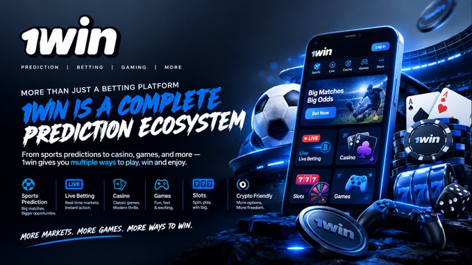 A promotional banner for '1win', describing it as 'MORE THAN JUST A BETTING PLATFORM' and 'A COMPLETE PREDICTION ECOSYSTEM' offering sports prediction, live betting, casino, games, slots, and crypto-friendly options.