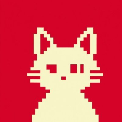A pixel art illustration of a cream/white cat on a solid red background.