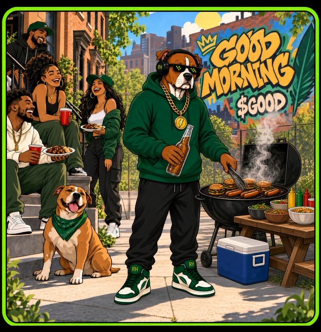This vibrant cartoon-style illustration depicts a joyful urban block party scene where a stylish pit bull wearing sunglasses, a green hoodie, a gold chain, and high-top sneakers mans a sizzling barbecue grill while holding a cold beverage. Surrounding the dog are smiling friends, another happy pup wearing a green bandana, and picnic spreads of food, all set against a city backdrop with graffiti-style text reading "GOOD MORNING $GOOD" topped with a crown. The image ties directly to the post's message, playfully celebrating the $GOOD token community ("the pump") and wishing followers a happy three-day weekend, while the crowned "$GOOD" branding cleverly personifies the token through the confident, grill-master pit bull as the life of the gathering.