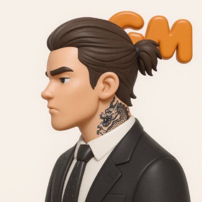 A 3D rendered character in profile view wearing a black suit and tie, with a small ponytail and a dragon tattoo on his neck, with orange 'GM' lettering in the background.