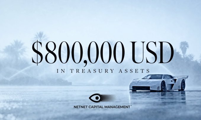 A sleek white sports car is parked on a reflective surface against a misty tropical backdrop, with bold text reading "$800,000 USD IN TREASURY ASSETS" and the "NETNET CAPITAL MANAGEMENT" logo displayed below. The imagery reinforces the celebratory post announcing that NetNet Capital Management's treasury has officially surpassed $800,000, symbolizing the milestone's significance and prestige.