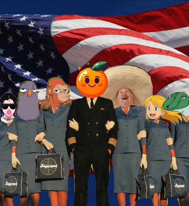 A surreal digital collage featuring a group of women in matching gray outfits (one in a black suit) with various cartoon animal and fruit heads, including an orange, a dinosaur, a penguin, and a pigeon, posing in front of an American flag with 'Algorand' branded bags.