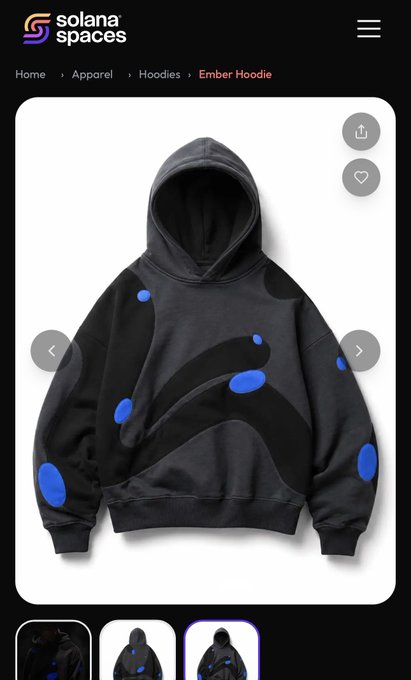 A mobile screenshot of the Solana Spaces online store showing an 'Ember Hoodie' - a black hoodie with blue circular designs, displayed on the Apparel/Hoodies page.