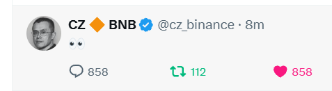A tweet from CZ 🔶 BNB (@cz_binance) featuring only an eyes emoji, with 858 replies, 112 retweets, and 858 likes.