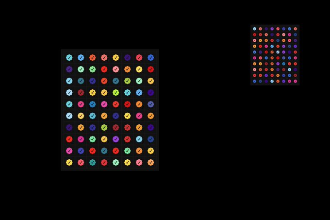 Two grids of colorful checkmark icons against a black background, one large and one small.