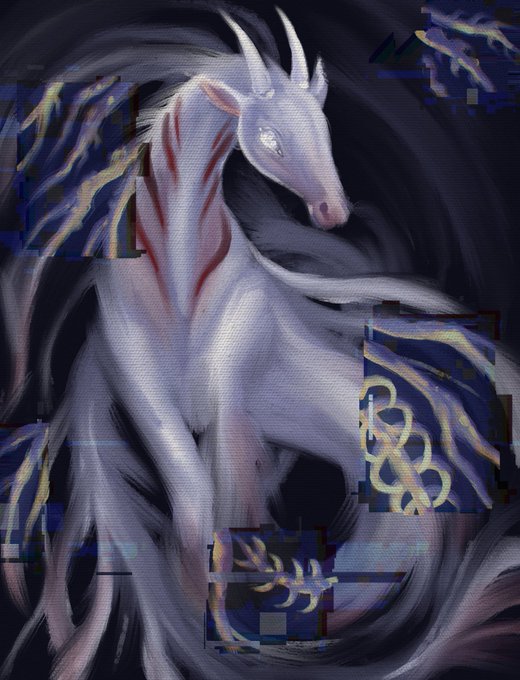 The image features a white horse with blue wings that appears to be floating or levitating above water. The horse has a beautiful appearance and is surrounded by various elements such as a blue background, a black background, and other objects like a tree branch and a bird in flight. The image also includes text that reads "GMMMM! And happy #Tezostuesday xtz #beautiful creature taking souls to the darkness of the water with its beautiful appearance. And no light in the world could ever awake mercy in these empty, soulleless eyes..." link".