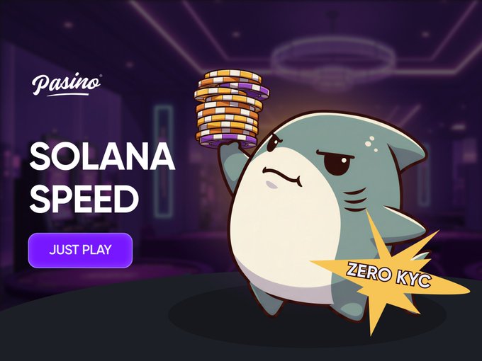A cartoon shark holds a stack of casino chips beside text promoting "Pasino" with "SOLANA SPEED" and a "JUST PLAY" button, alongside a "ZERO KYC" starburst, visually reinforcing the post's message of fast, frictionless crypto gambling.