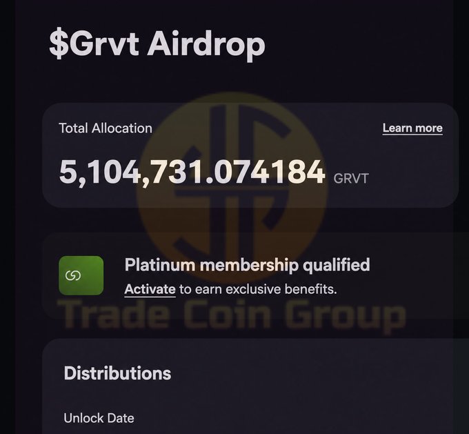 The image shows a "$Grvt Airdrop" dashboard displaying a Total Allocation of 5,104,731.074184 GRVT, with notification of Platinum membership qualification. It directly supports the post by visually confirming the substantial token airdrop reward the user received after nearly 3 years of commitment to the GRVT project.