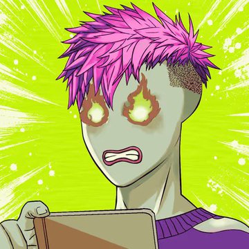 An anime-style illustration of a character with spiky pink hair, glowing yellow eyes with flame effects, and an angry expression, set against a bright green background.