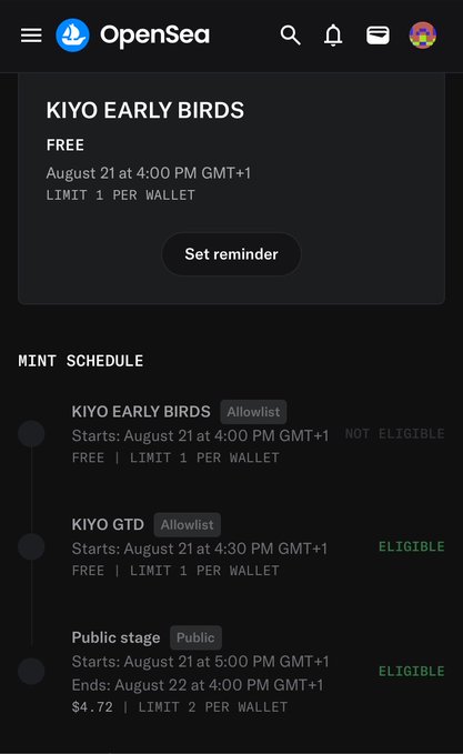 A screenshot of an OpenSea mint schedule for 'KIYO', listing stages including 'KIYO EARLY BIRDS', 'KIYO GTD', and 'Public stage' with dates of August 21.