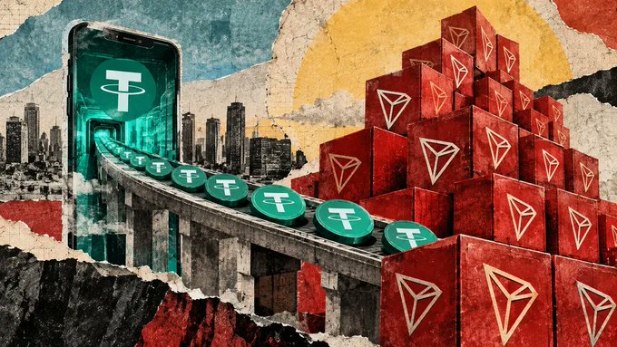 An artistic collage showing green Tether (USDT) coins flowing from a smartphone across a bridge toward a pyramid of red Tron (TRX) blocks, set against a textured red, yellow, and gray background.