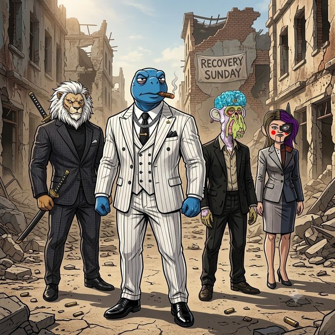 An illustrated image depicting four anthropomorphic characters in formal suits standing in a ruined urban setting with a sign reading 'RECOVERY SUNDAY' hanging on a brick wall.