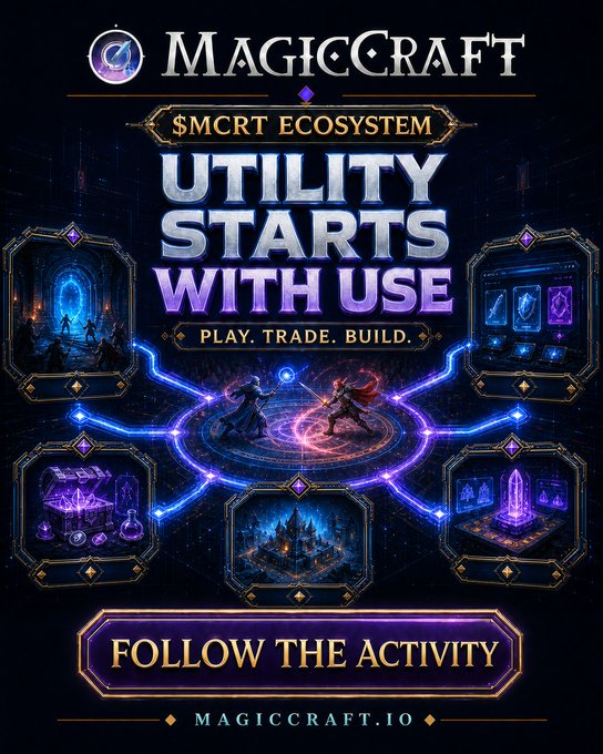 Promotional graphic for the MagicCraft ($MCRT) ecosystem with the tagline "UTILITY STARTS WITH USE" and "PLAY. TRADE. BUILD.", promoting activity on magiccraft.io.