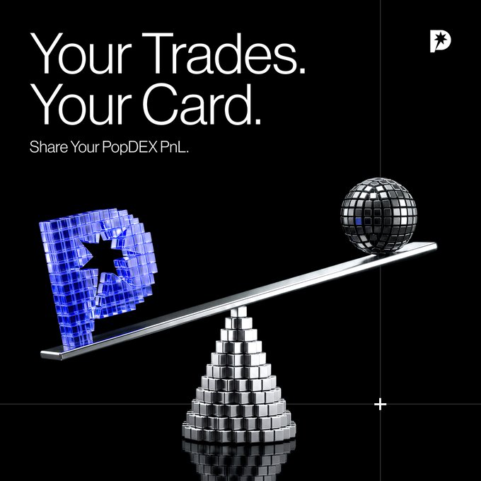 A sleek promotional graphic for PopDEX features a balanced seesaw with a glowing blue "P" logo on one side and a disco ball on the other, under the headline "Your Trades. Your Card. Share Your PopDEX PnL." The visual reinforces the message of showcasing trading performance, as PopDEX's new PnL Cards and Leaderboards turn every trade into a verifiable, shareable onchain achievement.