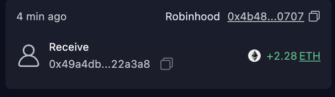 Screenshot of a crypto wallet showing a transaction from Robinhood (0x4b48...0707) received 4 minutes ago, with an incoming transfer of +2.28 ETH.
