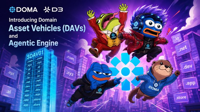 Promotional graphic for DOMA and D3 introducing 'Domain Asset Vehicles (DAVs) and Agentic Engine' featuring cartoon mascots and domain extensions like .com, .xyz, .ai, .io, .dev, and .app.