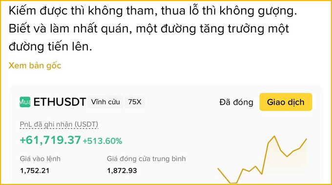 Vietnamese trading interface showing ETHUSDT perpetual contract details with profit of +61,719.37 (+513.60%), along with a Vietnamese saying about victory and defeat at the top.