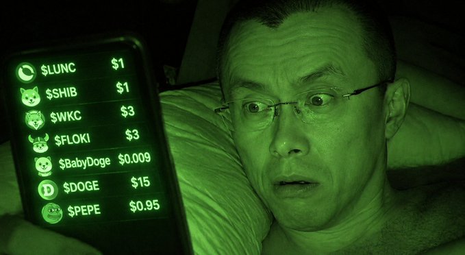 A man in bed peers with wide-eyed intensity at his phone at night, which displays meme coin prices (LUNC $1, SHIB $1, WKC $3, FLOKI $3, BabyDoge $0.009, DOGE $15, PEPE $0.95), suggesting the eerie premonition of the next meme coin about to "wake up" and deliver massive gains referenced in the post.