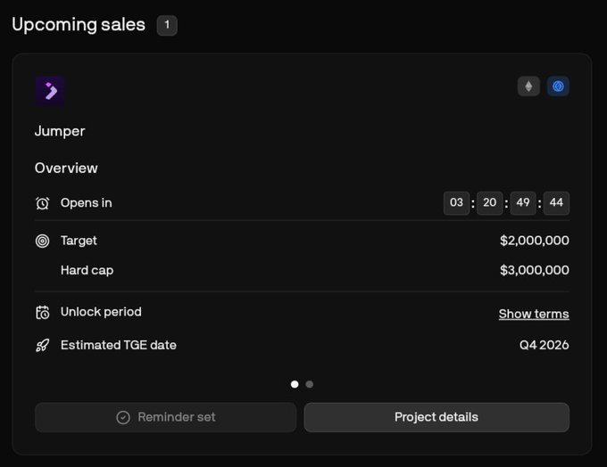A dark-themed dashboard showing 'Upcoming sales' for a project named 'Jumper' with a target of $2,000,000, hard cap of $3,000,000, and an estimated TGE date of Q4 2026.
