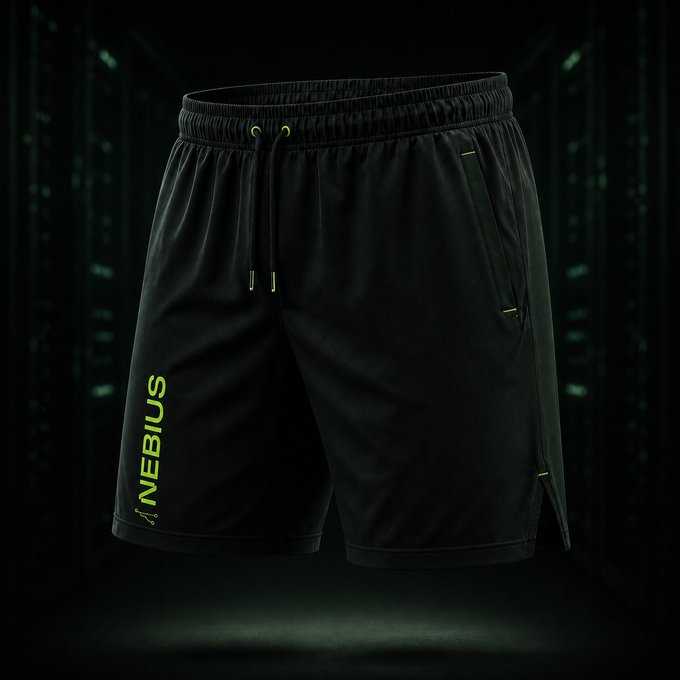 Black athletic shorts featuring a drawstring waist, side pockets, and the "NEBIUS" brand name in green text down the left leg, displayed against a dark server room background.

The image ties directly to the $NBIS Nebius ticker and post, showcasing branded merchandise as the company promotes its apparel line to investors, with a playful tease of a future Michael Burry-themed release.