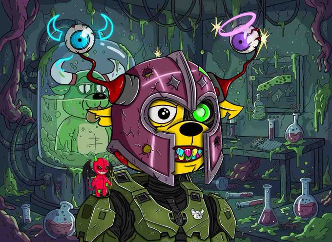 A cartoon yellow dog character wearing a purple warrior helmet and green armor, surrounded by mechanical tentacles, flasks, and laboratory equipment in a sci-fi setting.
