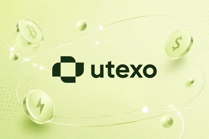 A promotional image for 'utexo' featuring green Bitcoin, dollar, and lightning bolt coins on a light green background with orbital lines.