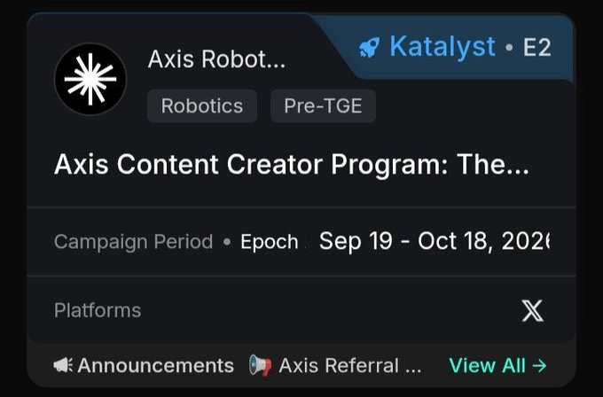 A screenshot of a campaign page for the 'Axis Content Creator Program' on the Katalyst E2 platform, showing a campaign period of Sep 19 - Oct 18, 2026.