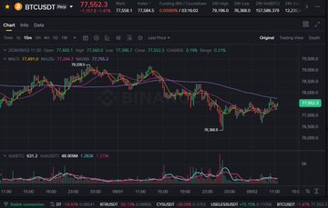 A dark-themed cryptocurrency trading chart for BTCUSDT Perpetual on Binance, displaying candlestick price action, moving averages, and an MACD indicator at the bottom.