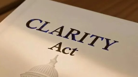 A document titled "CLARITY Act" with a depiction of the U.S. Capitol building signifies the upcoming House field hearing on crypto regulation. This image directly relates to the post's announcement of the hearing and its importance for the future of digital assets in America.