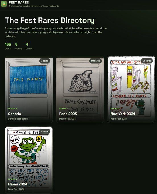 A directory webpage titled 'The Fest Rares Directory' displaying a community-curated directory of Pepe Fest cards, showing statistics of 155 cards, 5 series, and 4 cities, with featured card series like Genesis, Paris 2023, New York 2024, and Miami 2024.