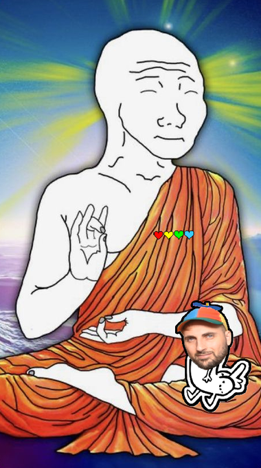 A meditating monk with rainbow auras features a pasted-in image of a man in a propeller beanie hat holding a bunny, alongside pixelated hearts, serving as a meme-style visual metaphor for how believers organically "recruit" others into crypto communities without explicit persuasion. The seated, enlightened monk symbolizes the effortless, almost spiritual nature of network growth through community evangelism.