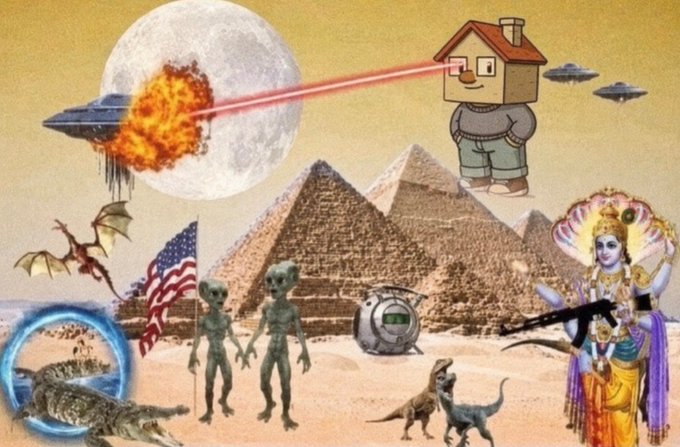 A surreal, meme-style collage features a variety of disparate elements—including pyramids, an American flag, aliens, a dragon, UFOs, dinosaurs, a deity figure, and a house-headed character firing a laser at a star destroyer against the moon—all assembled into a chaotic, humorous scene typical of "gchillhouse" content that blends internet culture references with absurdity.