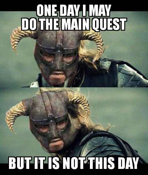 A two-panel meme featuring a horned-helmeted warrior with text reading "ONE DAY I MAY DO THE MAIN QUEST" on top and "BUT IT IS NOT THIS DAY" on the bottom, humorously reflecting the post's casual "gm" (good morning) vibe and laid-back community spirit behind the ticker $MfT.