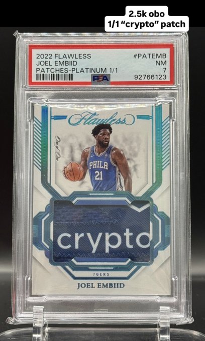 A PSA-graded 2022 Flawless Joel Embiid Patches-Platinum 1/1 card (PATEMB, #7) featuring a Crypto.com 1/1" patch relic is listed for "2.5k obo," echoing the post's excitement about viral hype by highlighting how rare crypto-branded Embiid patches are commanding quick sale buzz.
