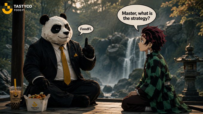 An anime-style promotional image for TastyCo FoodFi featuring a panda in a suit and an anime character, with the panda saying 'FoodFi.' and the character asking 'Master, what is the strategy?'