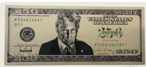 Gold-colored novelty bill styled like US currency featuring a portrait and labeled 'THE UNITED STATES OF AMERICA 250'.