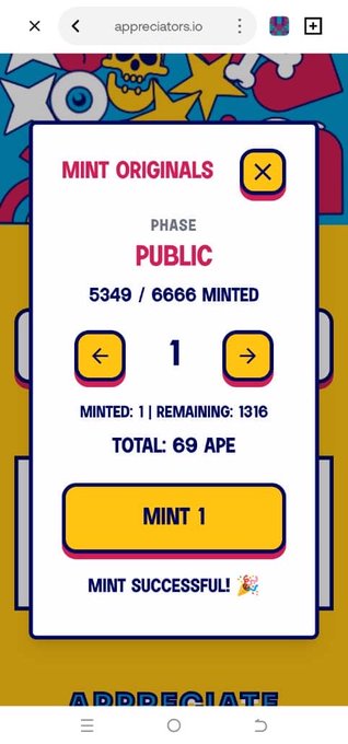 The image shows a phone screen displaying a game score of 1, remainder 1336, and minted at Mint Origins. The user has successfully minted their NFT for 69 ape, which means they have earned 2 times their actual point. The post also mentions an AppreciatorsIO campaign that started on June 3rd and is ending on June 3rd.