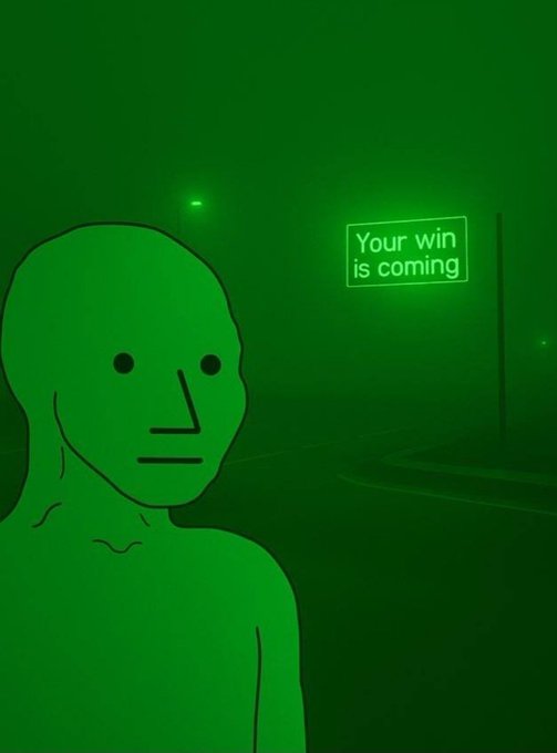 A green-tinted, atmospheric digital artwork featuring a faceless humanoid figure in the foreground with an illuminated sign in the foggy background that reads 'Your win is coming'.