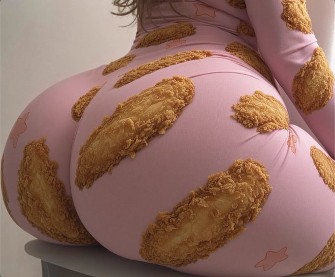 This close-up image features a person's back wearing a bright pink bodysuit decorated with a repeating pattern of fried chicken pieces. The words accompanying the image "Generational bottom" references a joke expressing the bottom person in sexual positions needs to be the oldest generation, also refering to the obscene joke that this person would have to be an older person to be in deep squat position. The joke references the generational bottom meme from 2004.