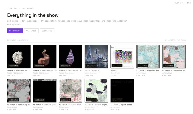 An art gallery website titled 'Everything in the show' displaying 69 collected digital artworks from artists like Maita and Anna Spiegel.