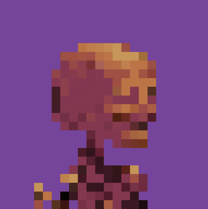 Low-resolution pixel art sprite of a reddish-orange and purple figure set against a solid purple background.
