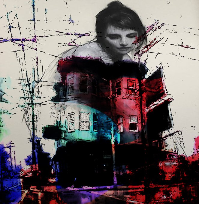 An artistic illustration features a woman whose hair transforms into red-roofed houses and buildings, set against a sketchy, abstract background with vibrant blue and purple accents.
