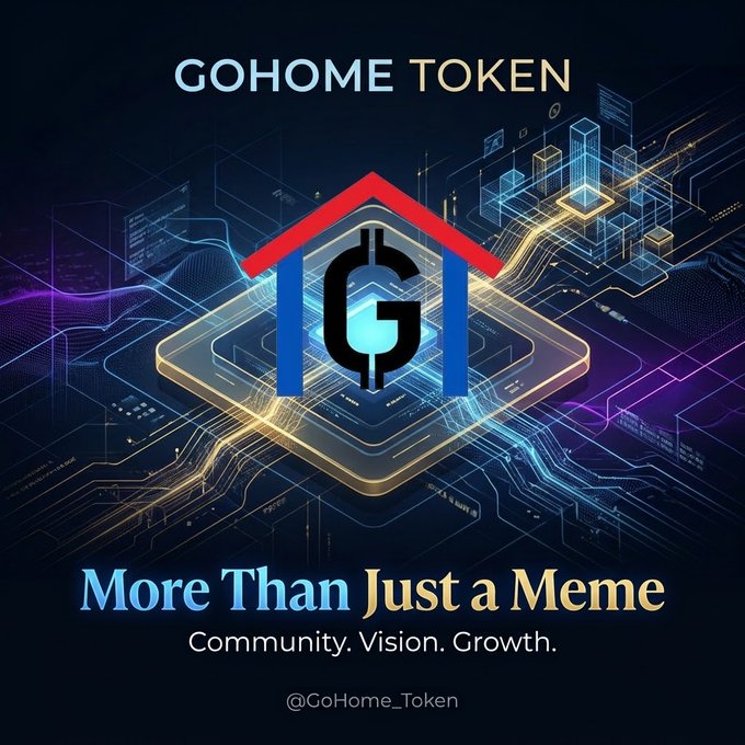 A promotional graphic for 'GOHOME TOKEN' featuring a stylized house logo with a 'G' inside, with the tagline 'More Than Just a Meme - Community. Vision. Growth.' and the handle @GoHome_Token.