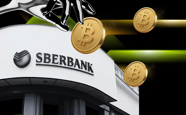 A hand reaches toward golden Bitcoin coins in front of a Sberbank building, symbolizing the bank's new move to accept cryptocurrency as loan collateral under Russia's upcoming digital asset law. The image visually captures the fusion of traditional banking—represented by the Sberbank logo—with the emerging crypto economy, as the bank opens a "crypto drawer" starting September 1.