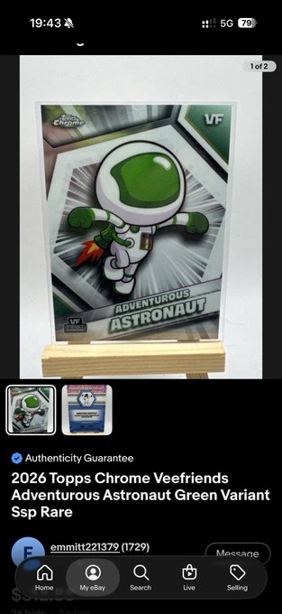 A mobile eBay listing screenshot showing a '2026 Topps Chrome Veefriends Adventurous Astronaut Green Variant Ssp Rare' trading card, authenticated by emmitt221379, priced at $7,250.00.