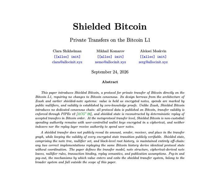 Academic paper titled 'Shielded Bitcoin: Private Transfers on the Bitcoin L1' by Clara Shikhelman, Mikhail Komarov, and Aleksei Moskvin, dated September 24, 2026.
