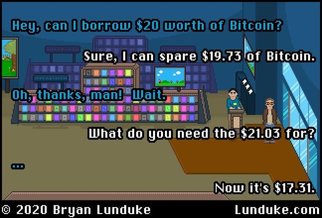 The image features a cartoon scene of two men sitting behind desks at a store with a sign that reads " Bitcoins", which indicates that they are selling Bitcoins. The background of the scene shows the prices of different books, including one labeled as " Bitcoins" for $20 worth. The caption on the post states that Bitcoin's worth is meaningless because its value is always zero. This humorous cartoon aims to entertain viewers by incorporating a relatable theme like Bitcoin and the concept of money into an amusing image.