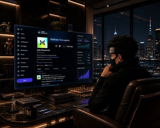 The image shows a man sitting in front of a TV screen with his hands resting on his head while looking at the television. The TV is displaying a website called Quiprefill, which is related to social media management services. The man appears to be engaged and interested in what he's watching or reading on the screen.