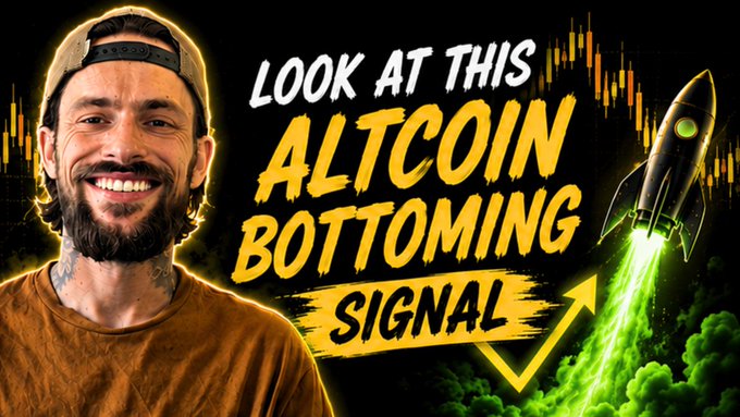 A smiling bearded man wearing a backward cap appears beside bold text reading "LOOK AT THIS ALTCOIN BOTTOMING SIGNAL," with a rocket ship launching against a green and yellow stock chart background, visually promoting the YouTube video's claim about a reliable altcoin bottoming signal.